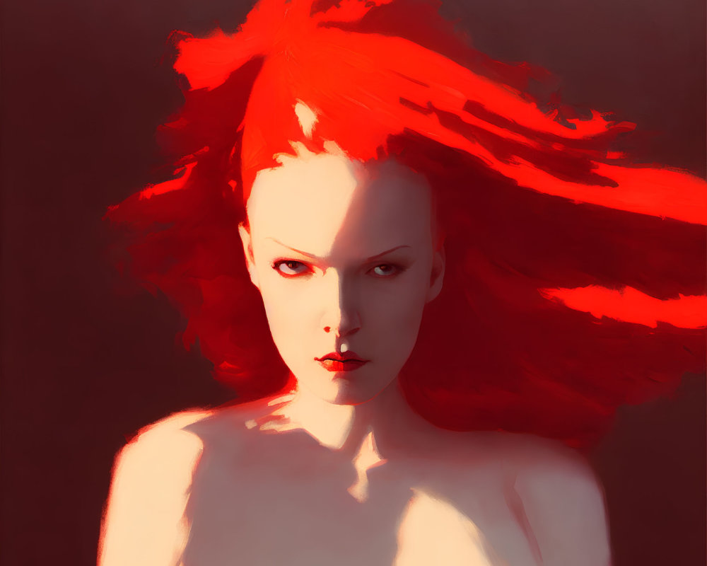 Vivid portrait of a person with dynamic red hair and intense gaze on warm-toned background