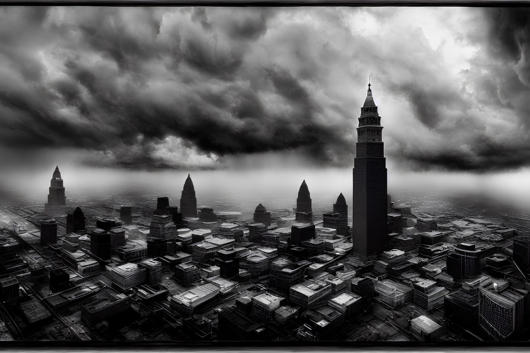 Monochrome cityscape with historical building under dramatic sky