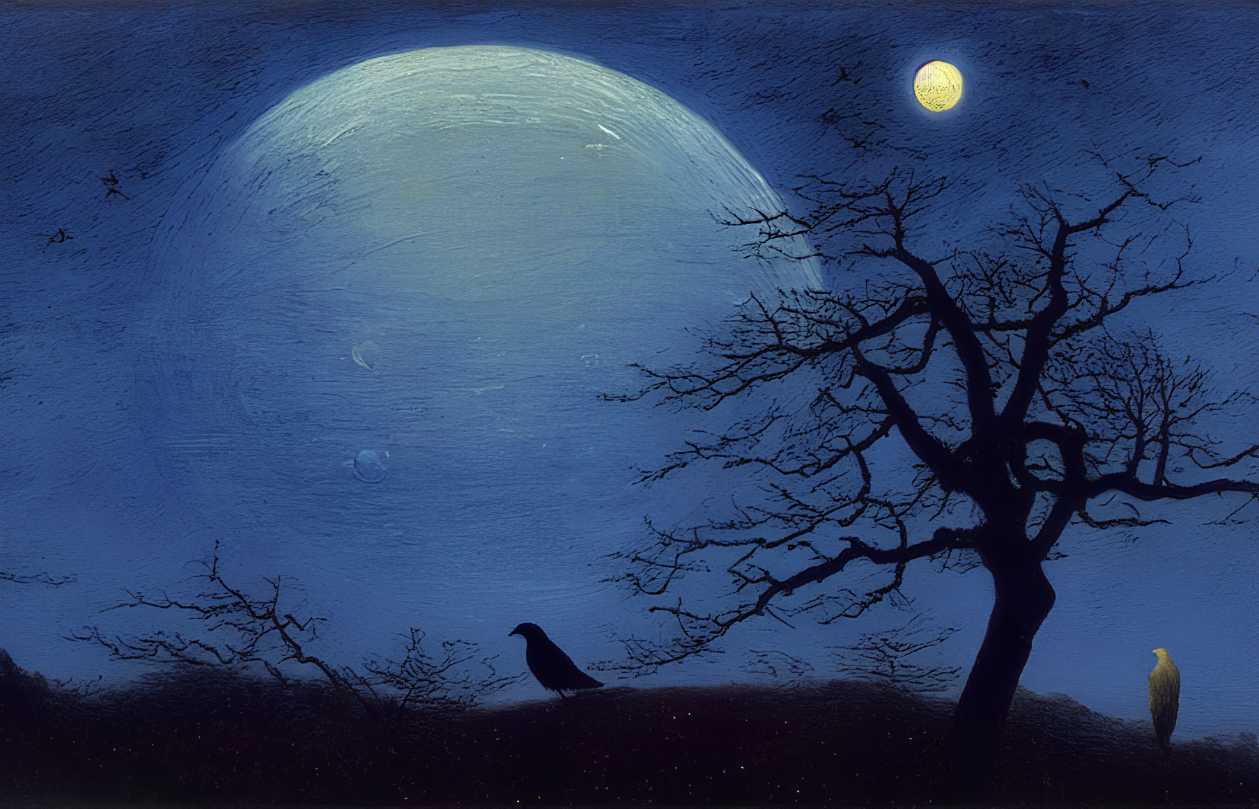 Surreal painting featuring moon, yellow orb, tree, birds, and bubbles