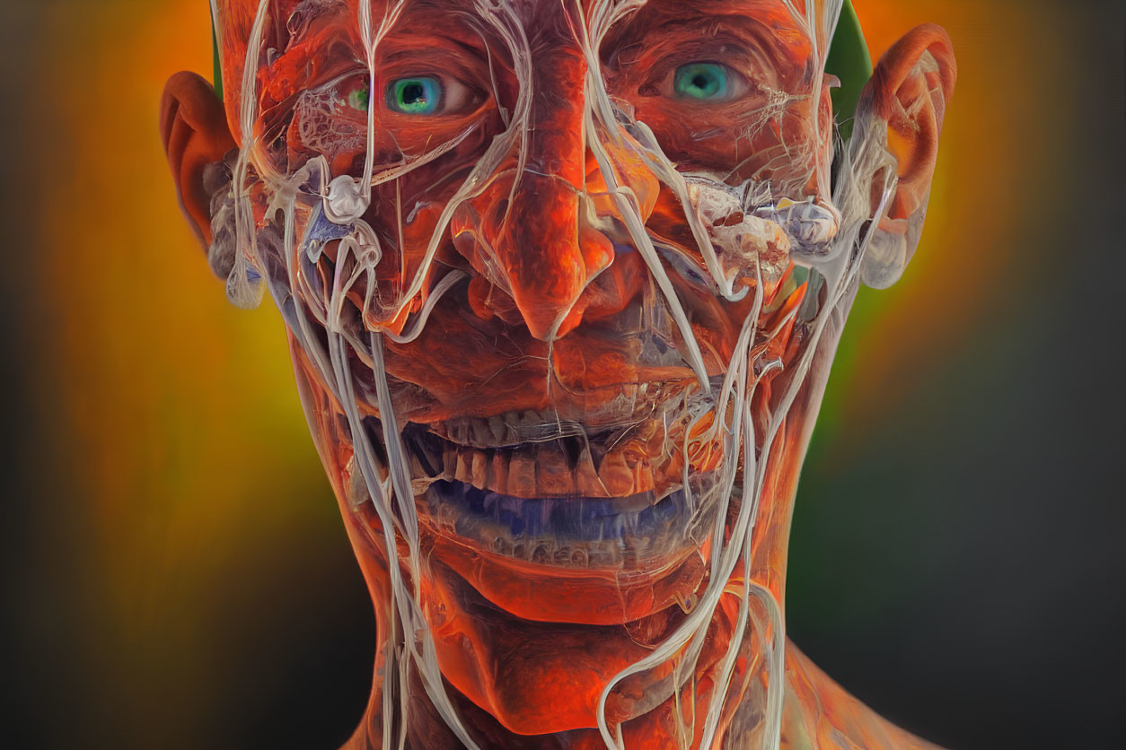 Detailed human head anatomy with muscles and nerves on orange backdrop
