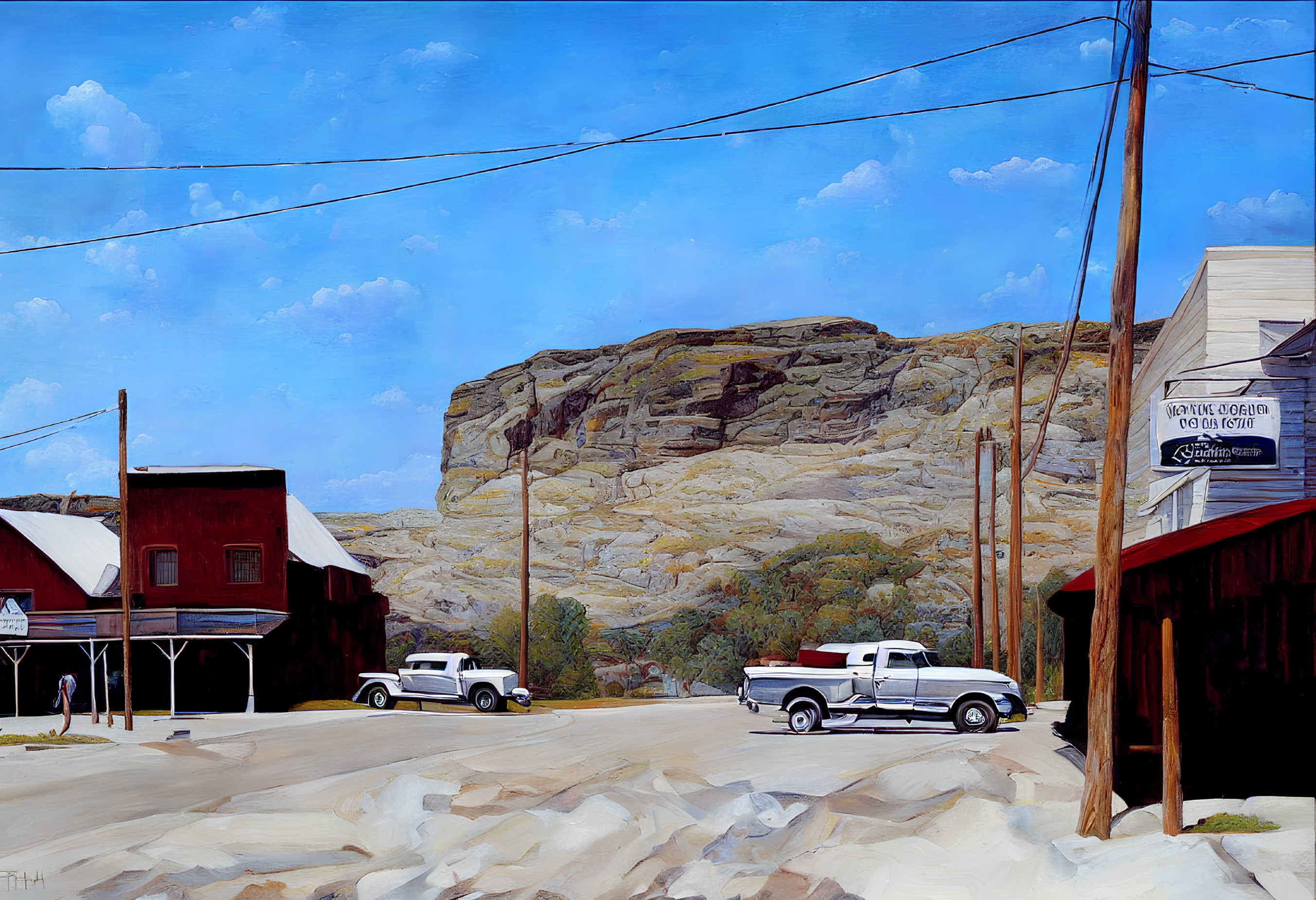 Vintage cars and rustic buildings in a serene street scene with a towering cliff backdrop.
