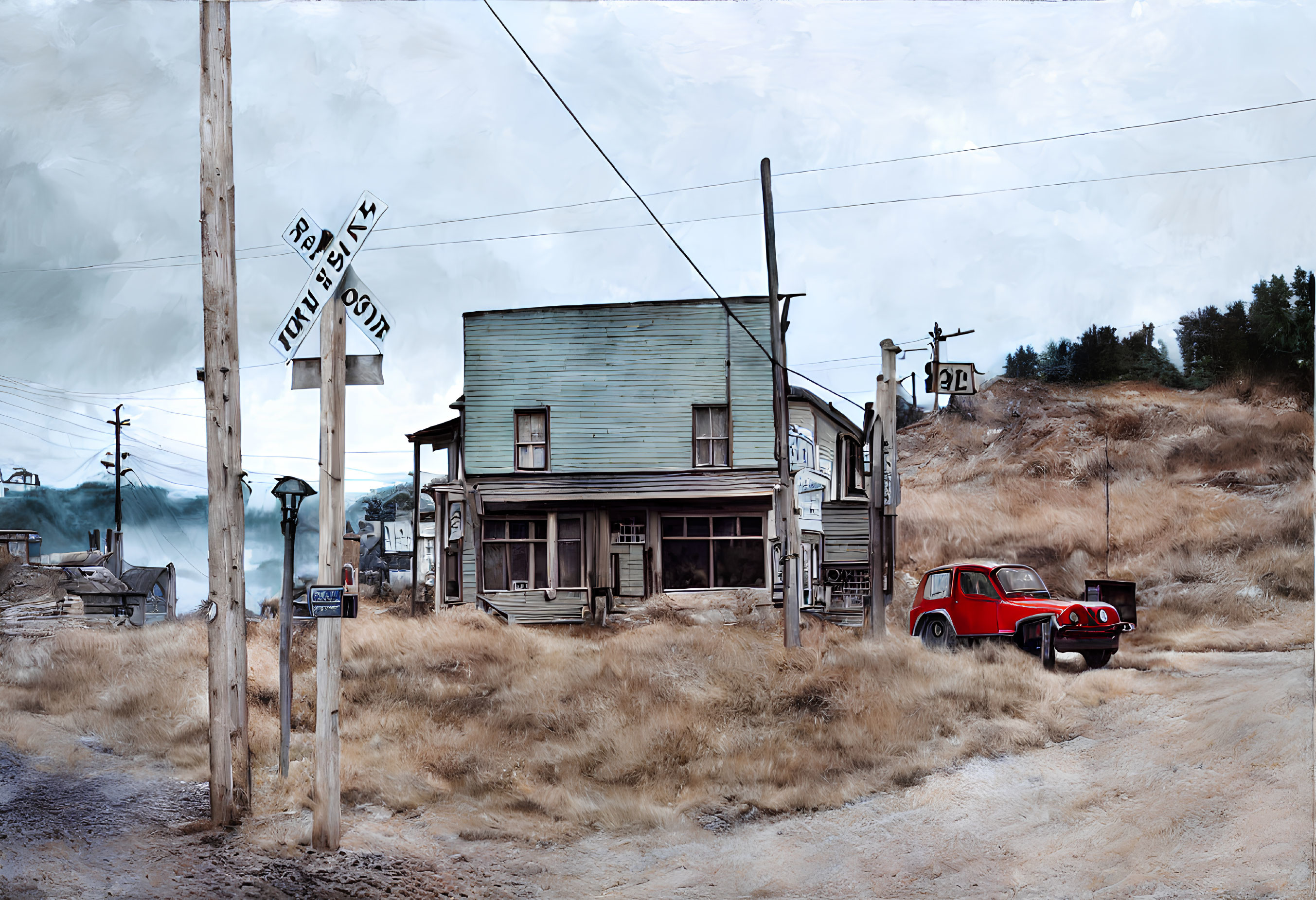 Desolate old western town with wooden building, classic car, and dusty landscape.