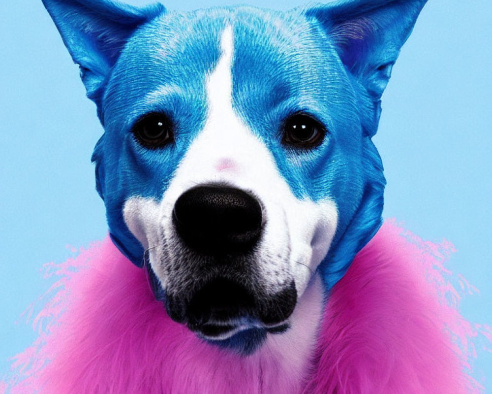 Blue and White Dog in Pink Boa on Blue Background