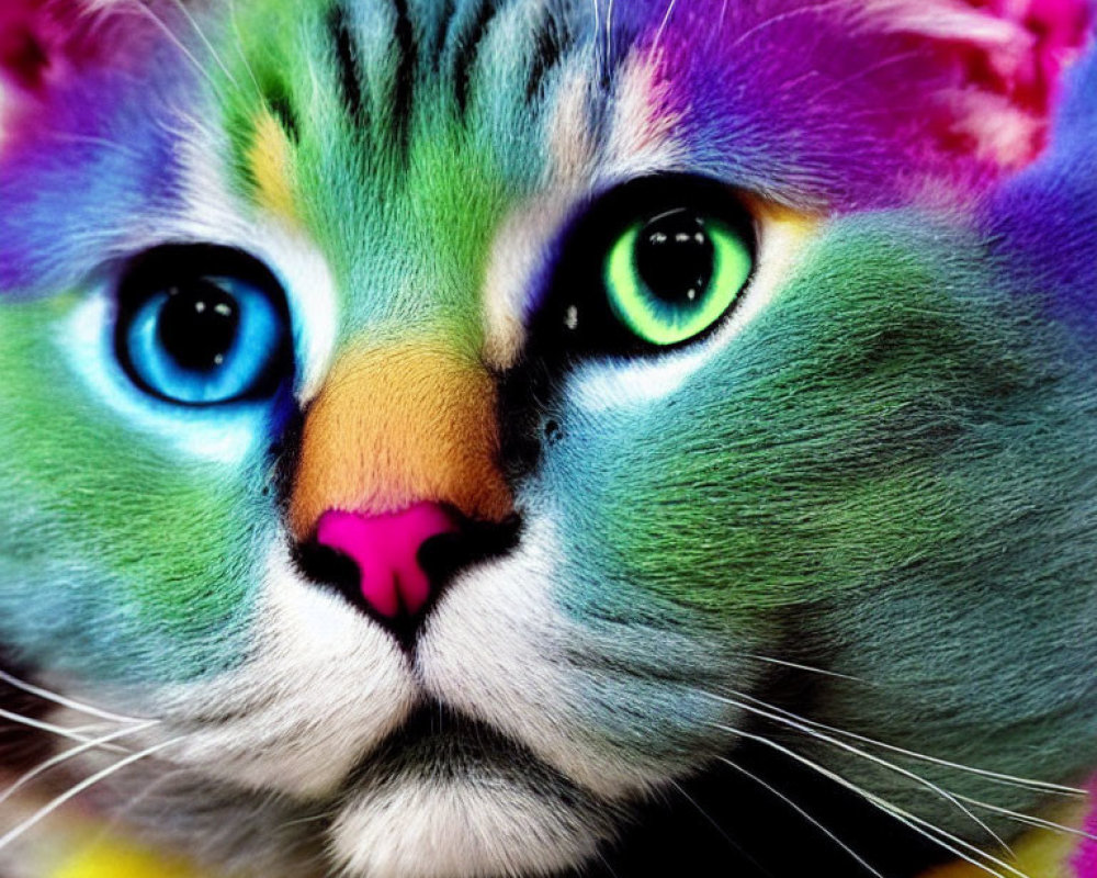 Colorful close-up of a cat with digitally altered fur showcasing a rainbow palette.