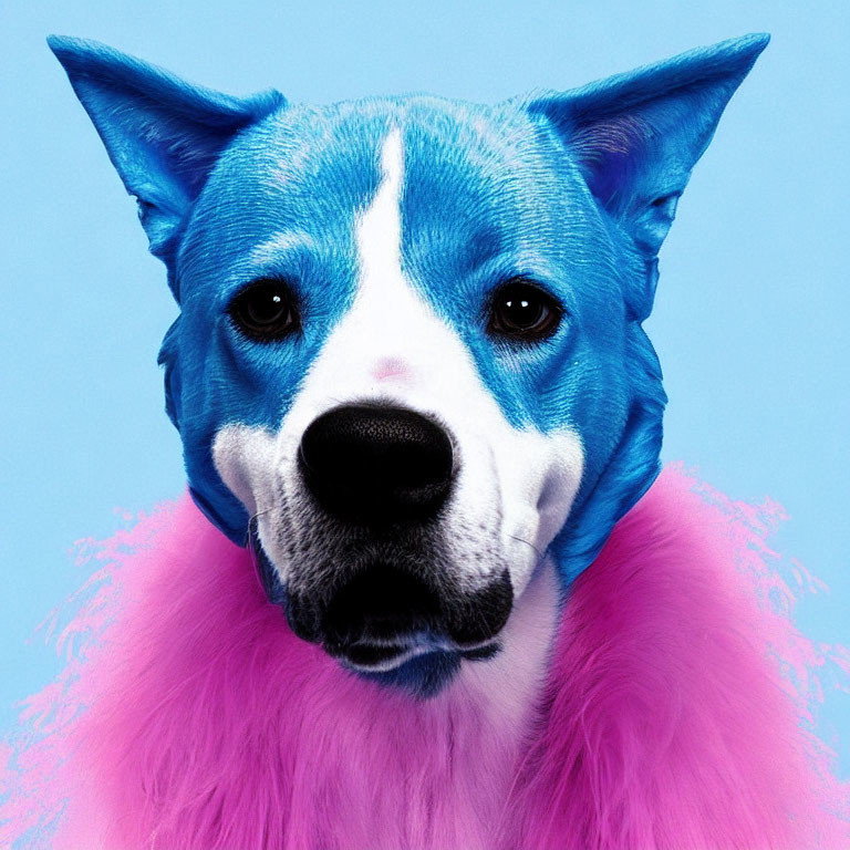 Blue and White Dog in Pink Boa on Blue Background