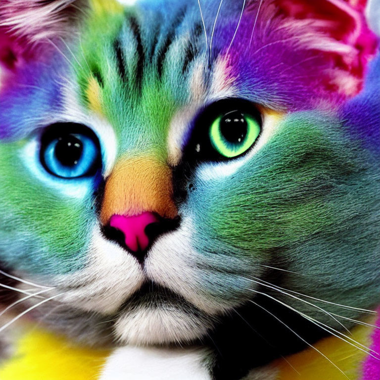 Colorful close-up of a cat with digitally altered fur showcasing a rainbow palette.