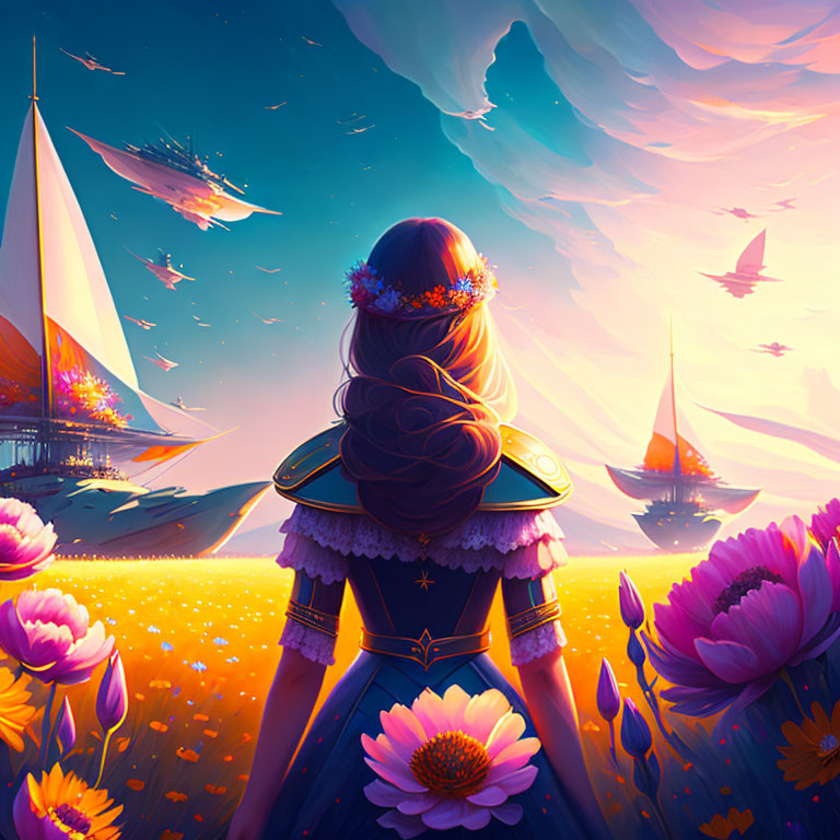 Woman with Flower Crown Gazing at Fantastical Sky and Floating Ships