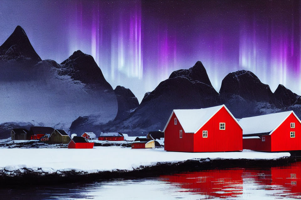 Scandinavian winter scene with aurora borealis, red houses, and mountains