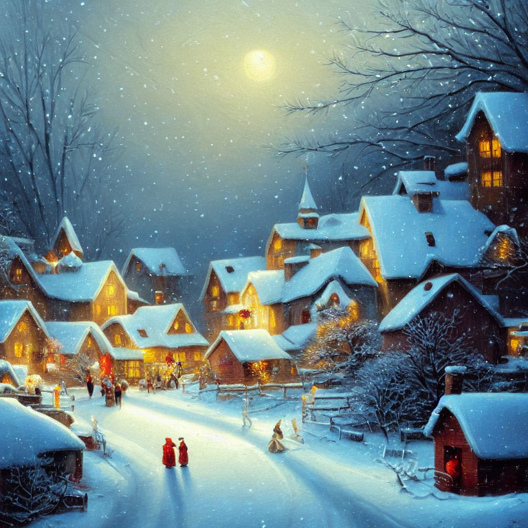 Snow-covered winter village scene: houses, moon, glowing lights