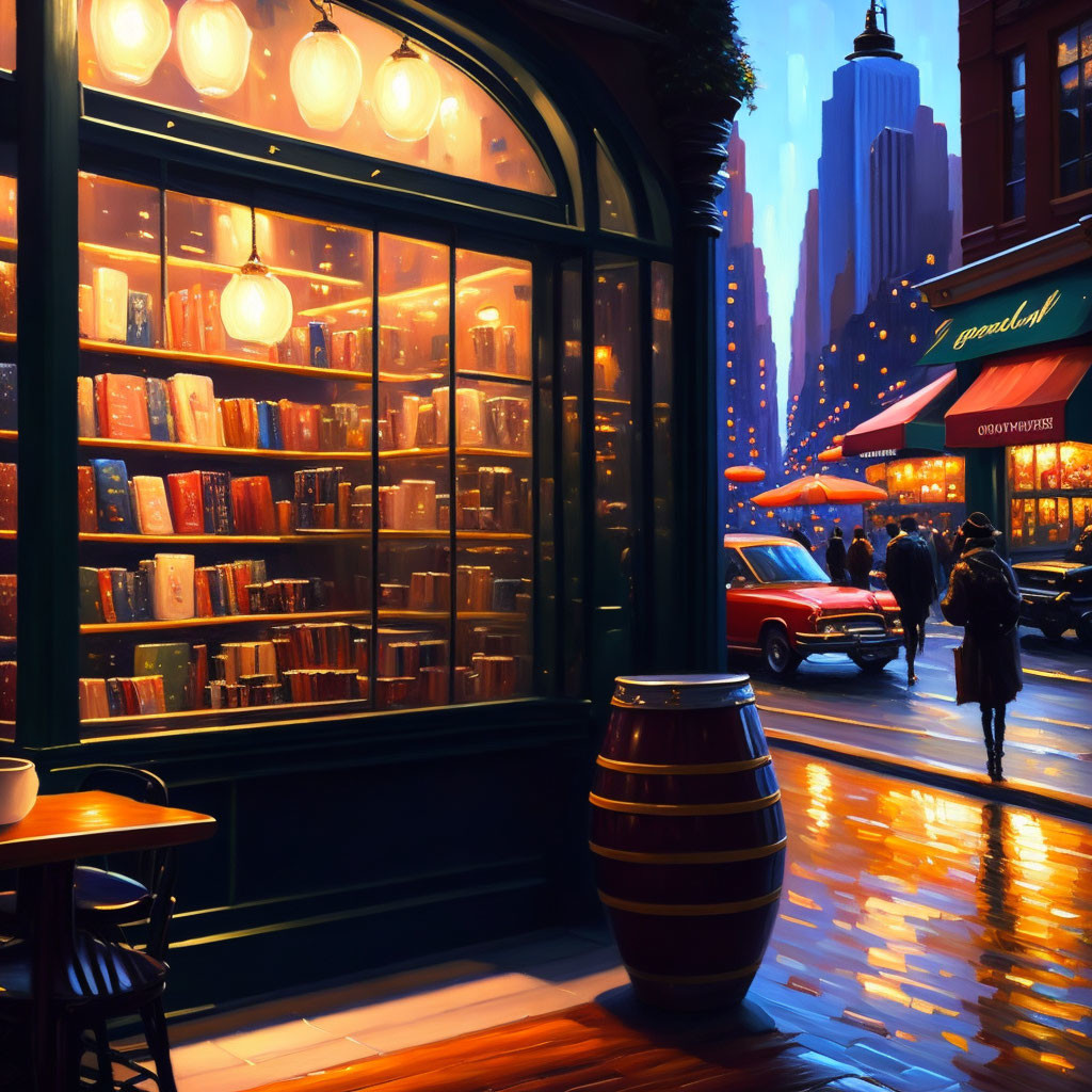 Cozy Bookstore on Rainy Evening Street