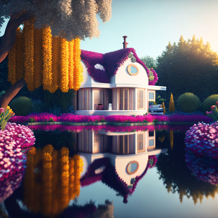 Colorful Cottage Surrounded by Flowers and Trees Reflects on Still Water