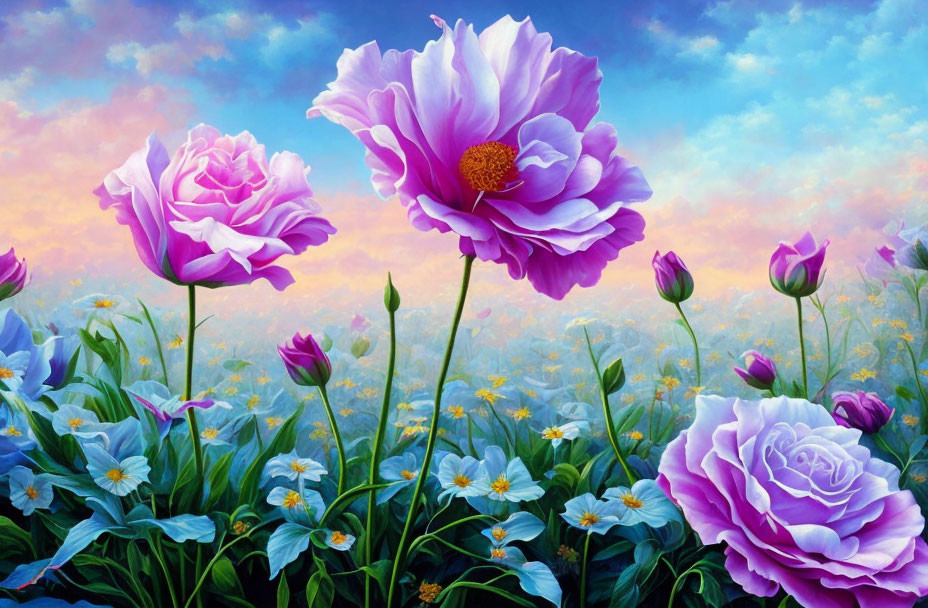 Colorful garden painting with purple and pink peony flowers under blue sky