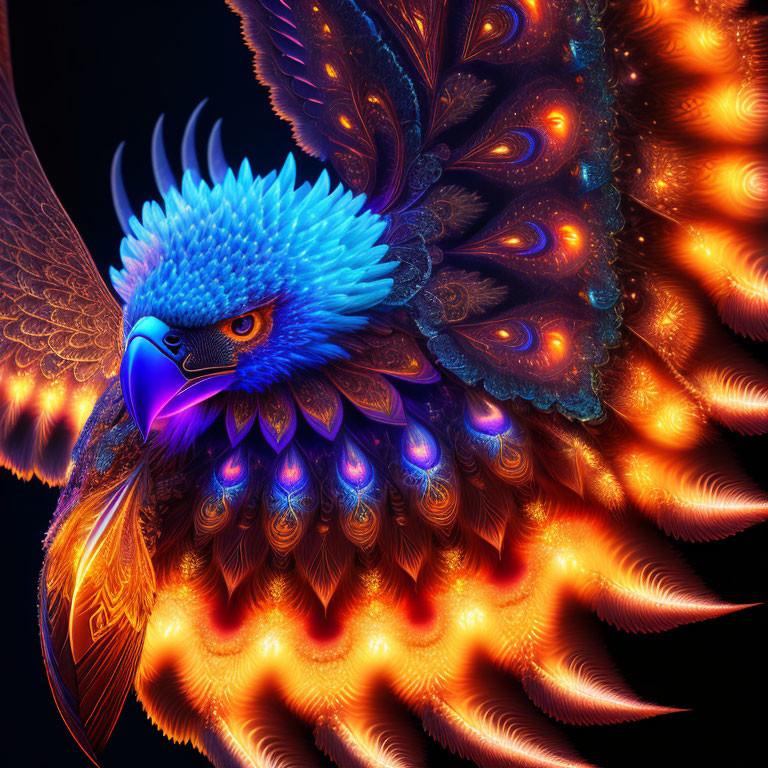 Colorful digital artwork of majestic bird with fiery orange plumage and blue head.