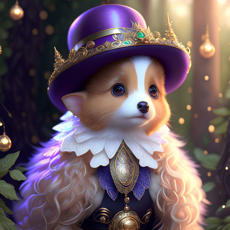 Regal corgi in purple hat and blue cloak in enchanted forest