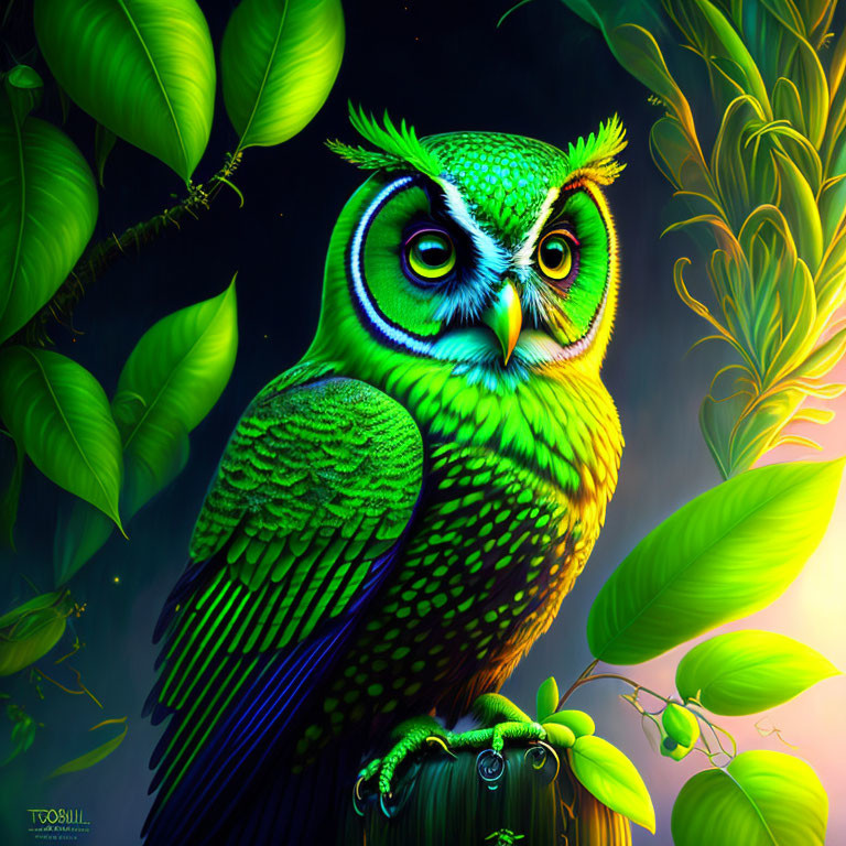 Colorful digital artwork: Green and blue owl with expressive eyes on branch in lush green setting