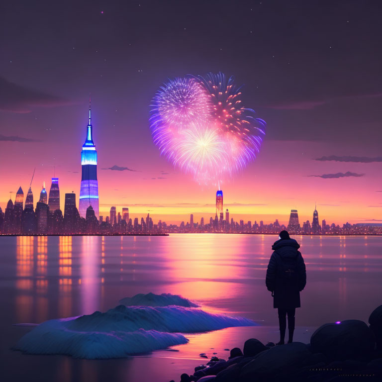 Silhouette of person by waterfront with city skyline, skyscrapers, and fireworks at dusk