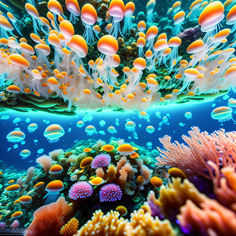 Colorful Coral Reef Teeming with Jellyfish and Marine Life