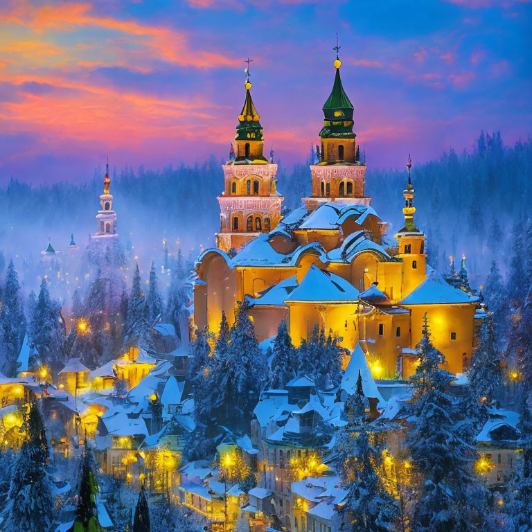 Snow-covered village with ornate churches under vibrant evening sky