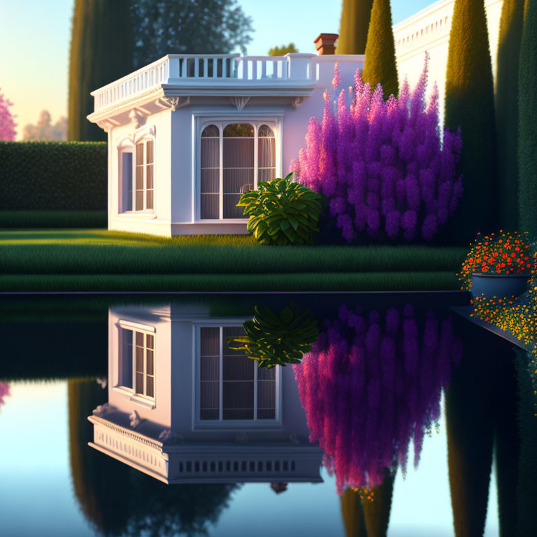 Tranquil white house surrounded by lush greenery and purple shrubs at dusk