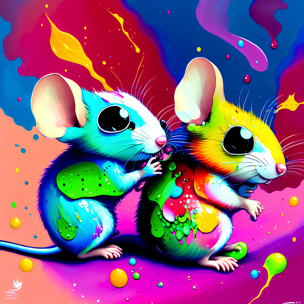 Colorful Cartoon Mice Splattered with Paint on Abstract Background