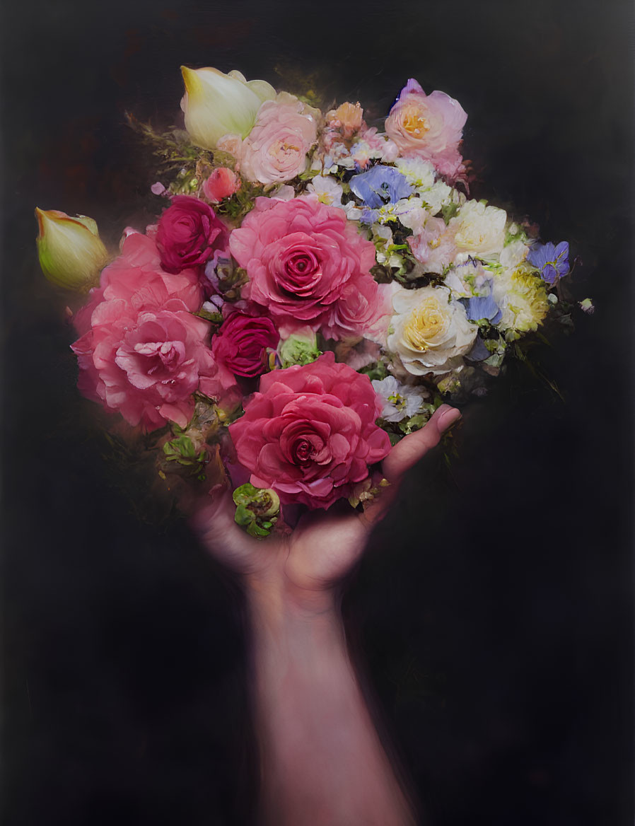 Human hand holding vibrant bouquet of flowers on dark background