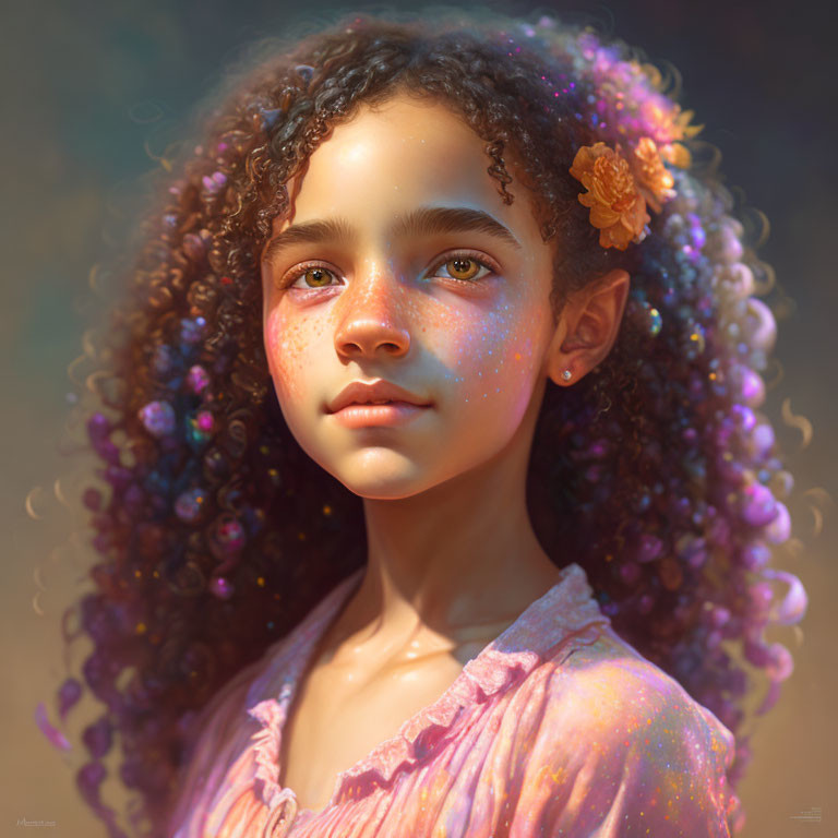 Young girl with curly hair and colorful freckles in digital portrait.