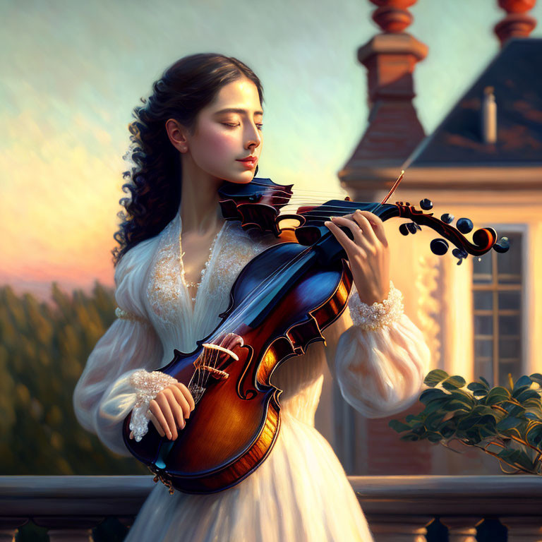 Woman playing violin on balcony in warm sunlight