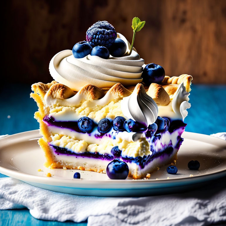 Blueberry Pie with Meringue Topping and Fresh Blueberries on White Plate