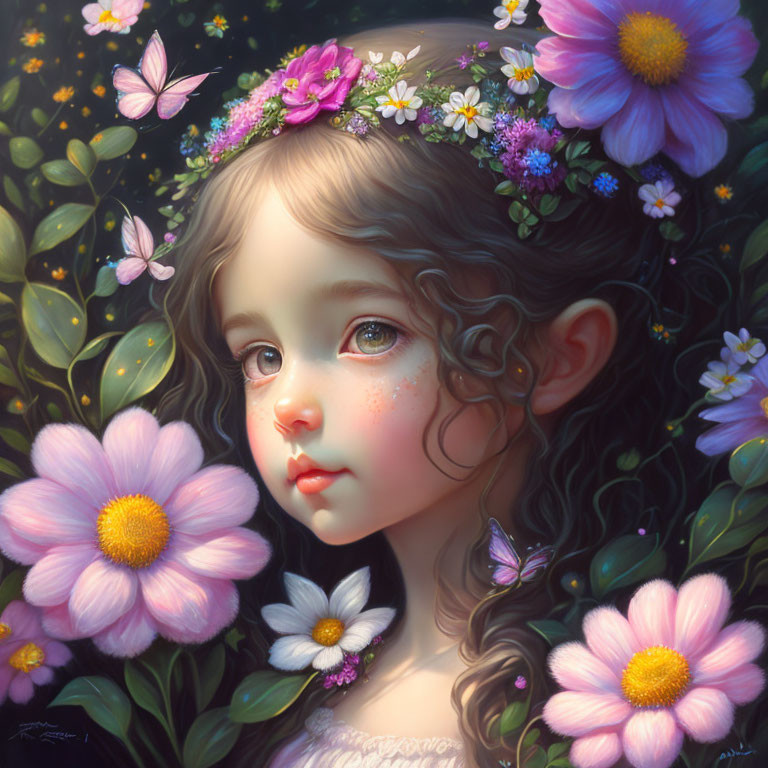 Young girl with floral wreath and butterflies in pink flower setting.