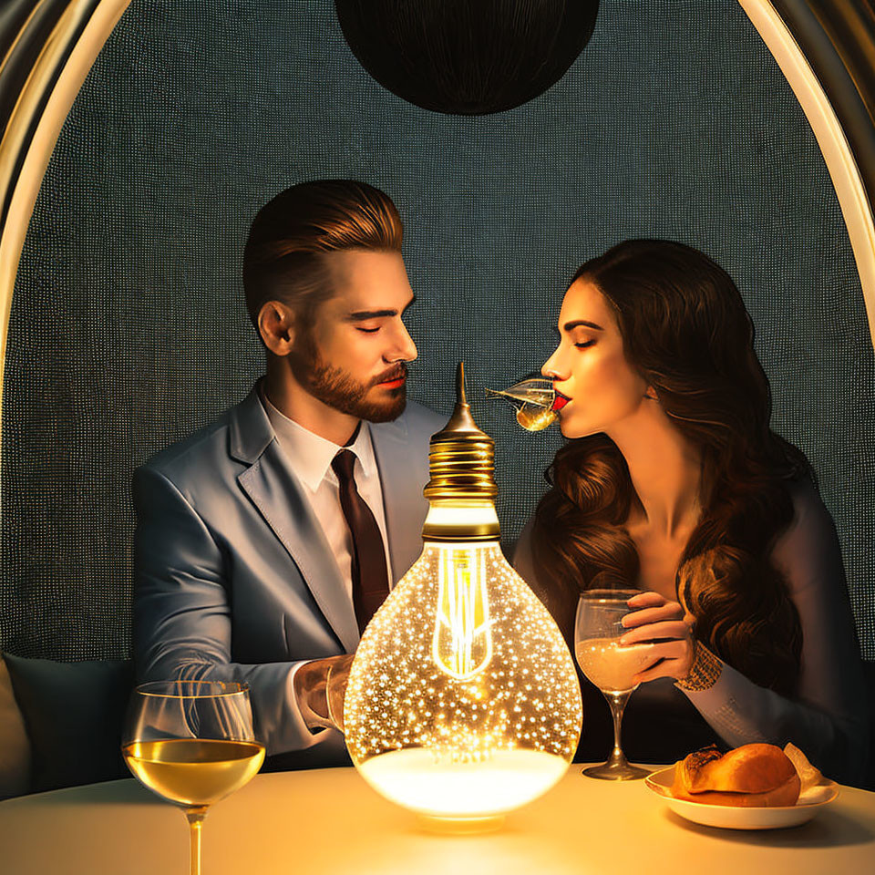 Romantic couple dining under glowing bulb with wine and bread