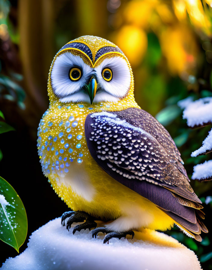 Colorful Stylized Owl Perched on Snowy Branch
