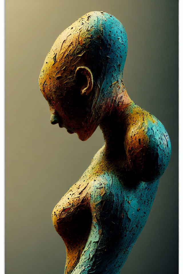 Textured humanoid sculpture in blue and orange hues on gradient backdrop