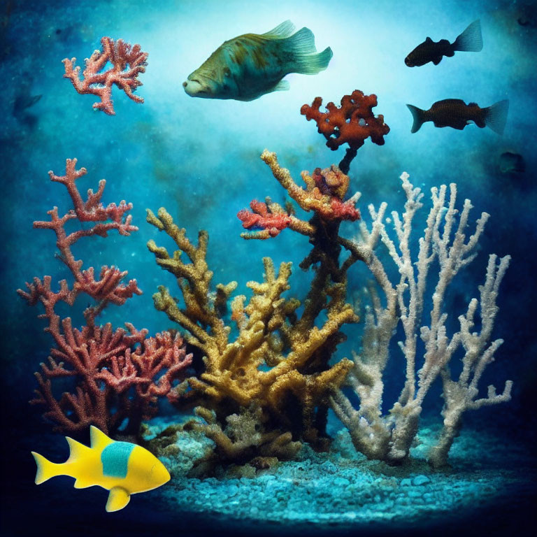 Vibrant coral reef with diverse fish and yellow fish in blue water