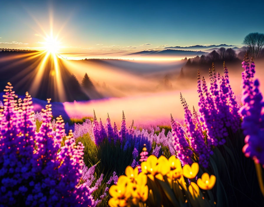 Vivid sunrise over lavender field and misty forest landscape