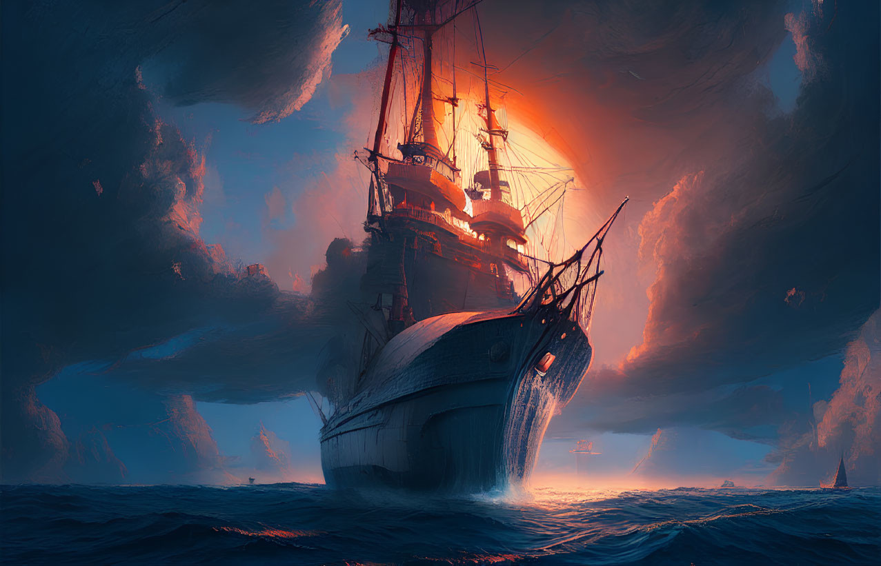 Majestic sailing ship in turbulent ocean waves at sunset