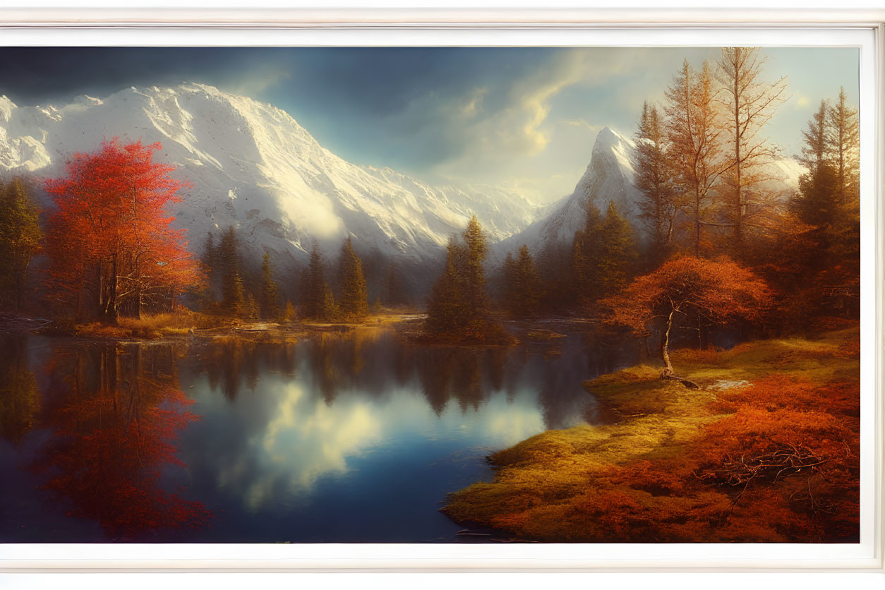Tranquil lake reflects snow-covered mountains and colorful autumn trees under dramatic sky