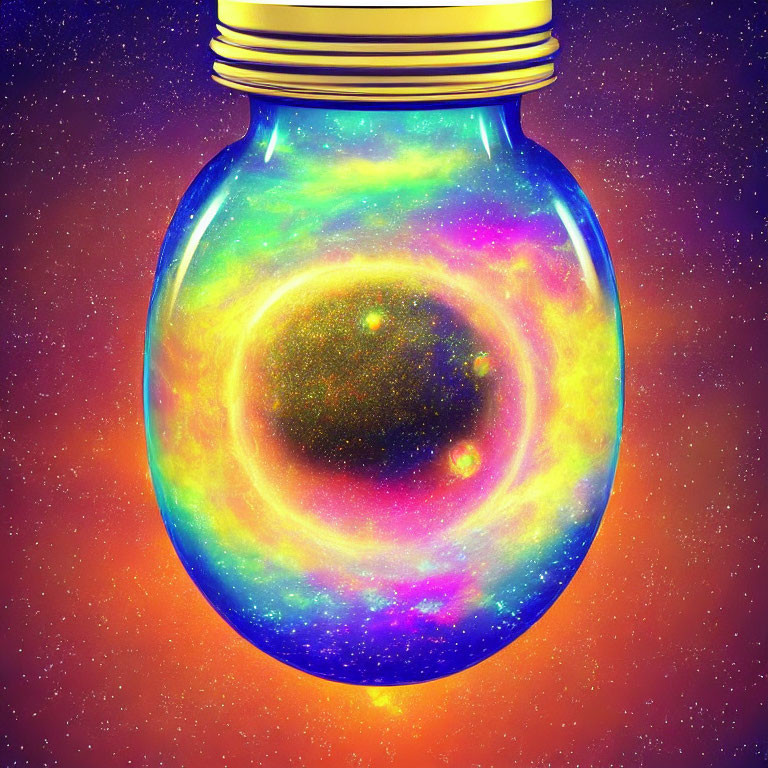 Colorful Galaxy Swirling Inside Light Bulb Against Starry Space