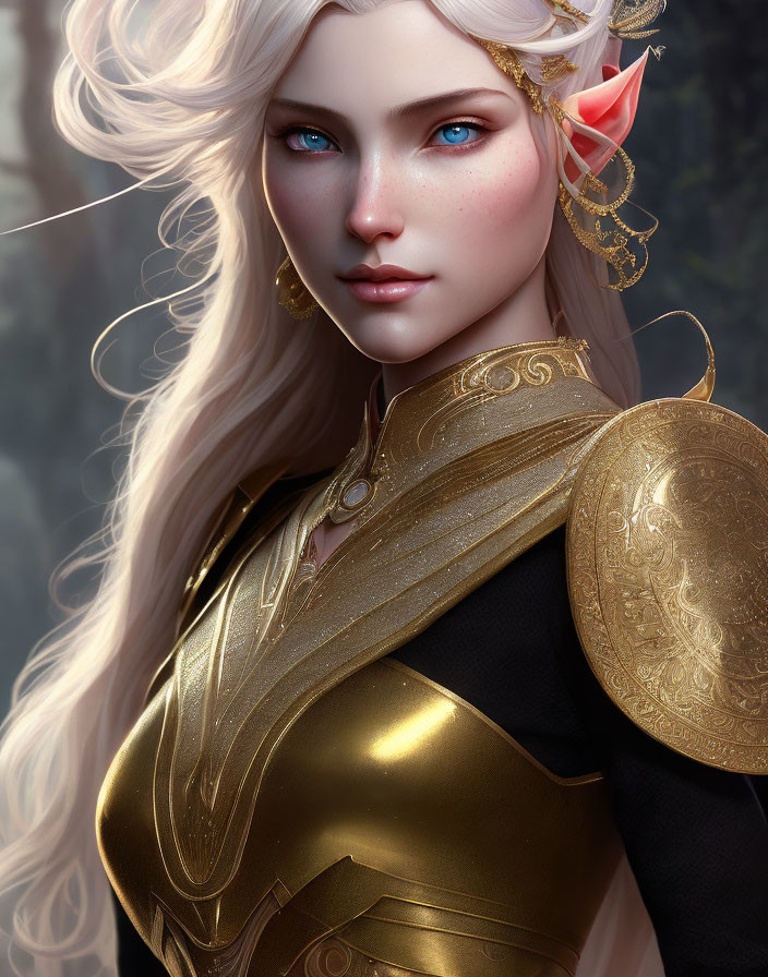 Digital artwork: Elven character with blue eyes, platinum hair, golden armor, and jewelry