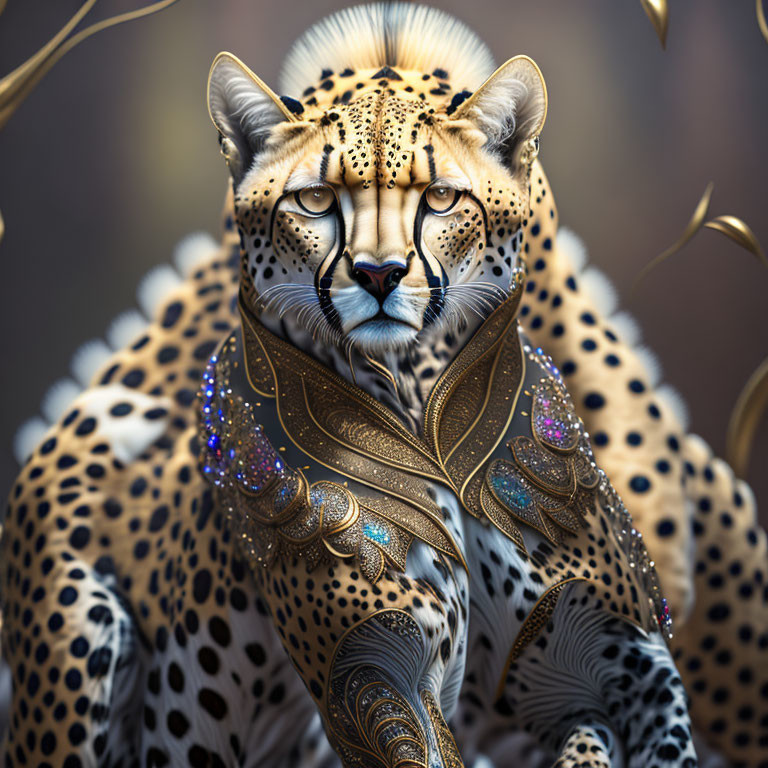 Detailed digital art: majestic cheetah with golden patterns and jewels on fur