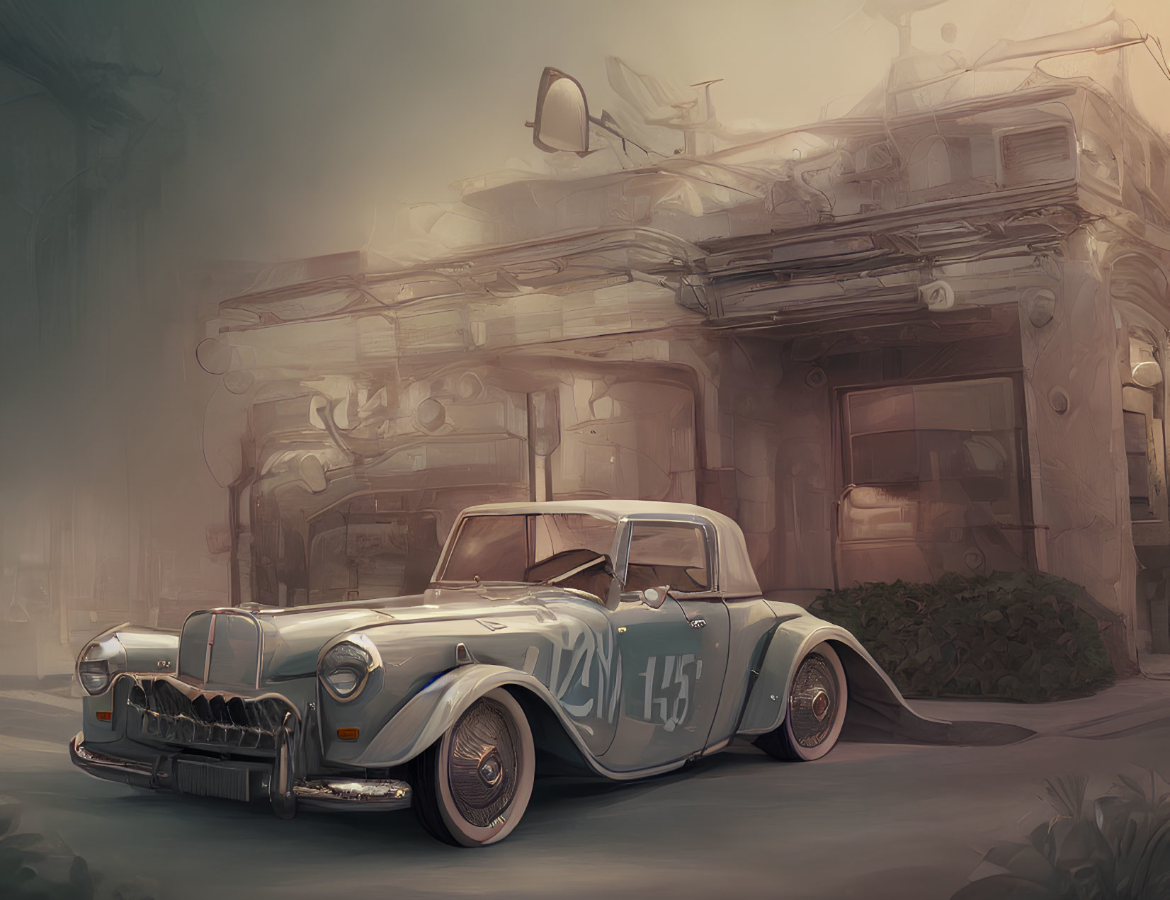 Vintage Car with Racing Numbers in Foggy Post-Apocalyptic Landscape