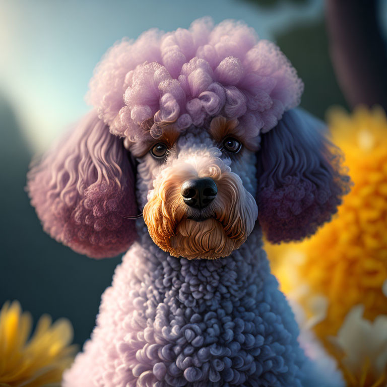 Stylized Purple Poodle with Soulful Eyes and Yellow Flowers