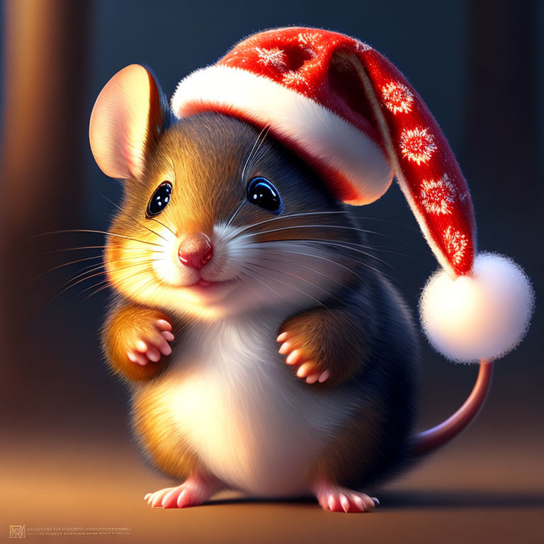 Smiling cartoon mouse in red Santa hat on warm background