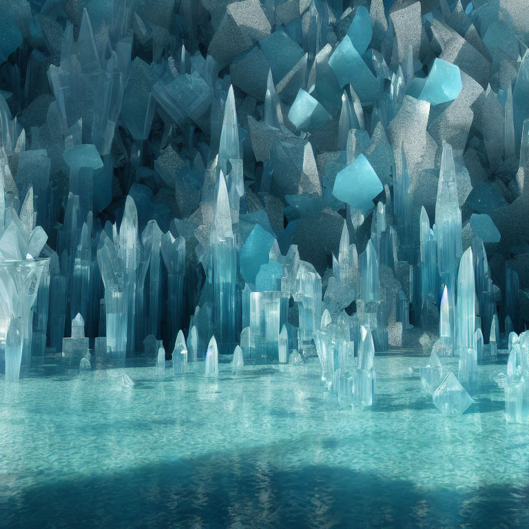 Mystical Crystal Cave with Blue Crystals in Turquoise Waters