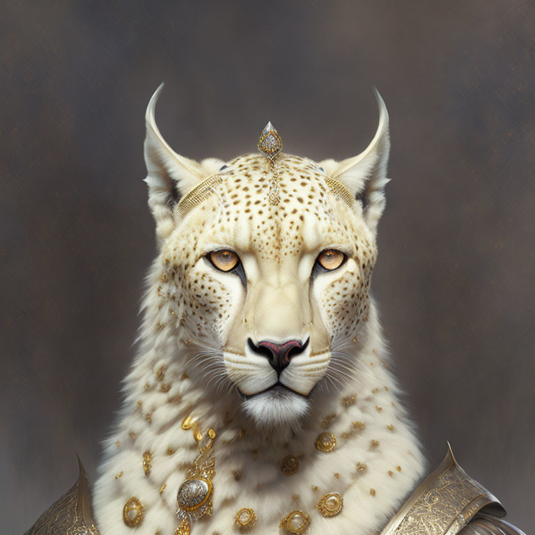 Regal anthropomorphic cheetah with elegant golden jewelry and gemstone.
