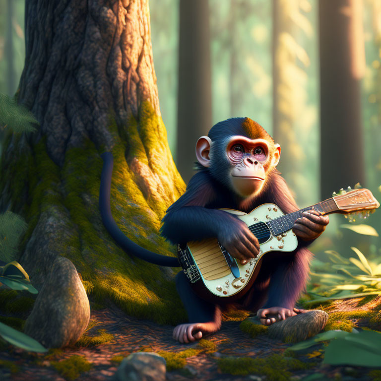 Baby monkey playing banjo in sunlit forest with tree and leaves