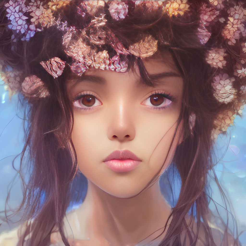 Digital artwork: Girl with expressive eyes and floral crown on soft-focus background
