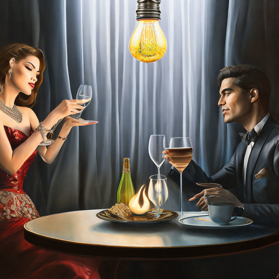 Romantic dinner scene with elegant couple, glowing lightbulb, wine bottle, and glasses