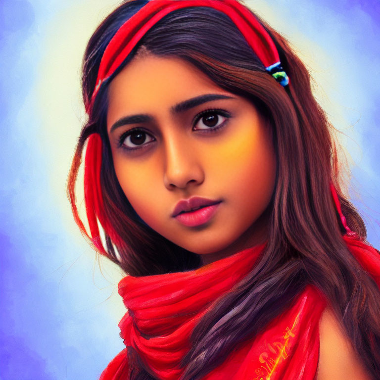 Young woman with striking eyes in red headband and scarf on blue background