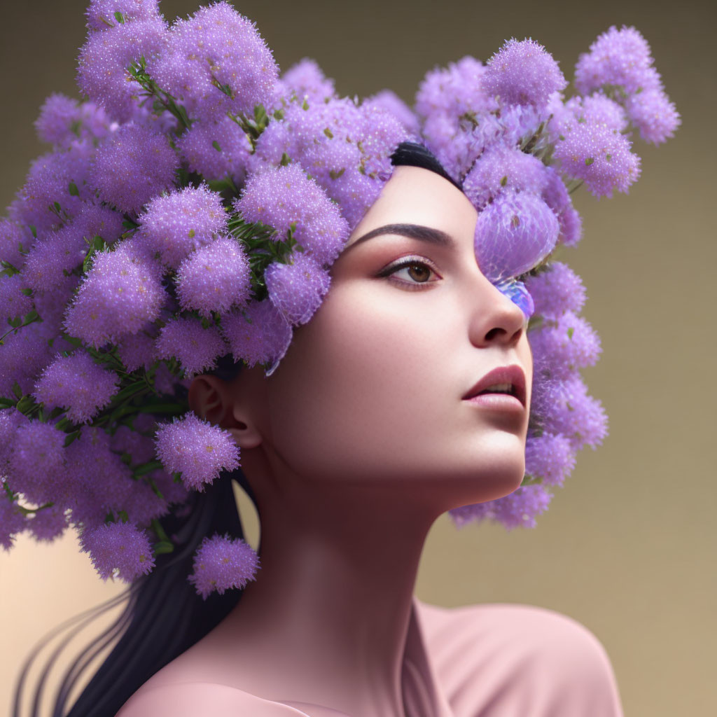 Woman with deep purple blooms in serene gaze on beige backdrop