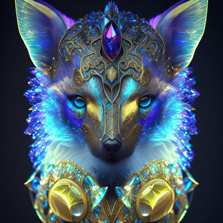 Majestic fox head with golden headdress and jewels on dark background